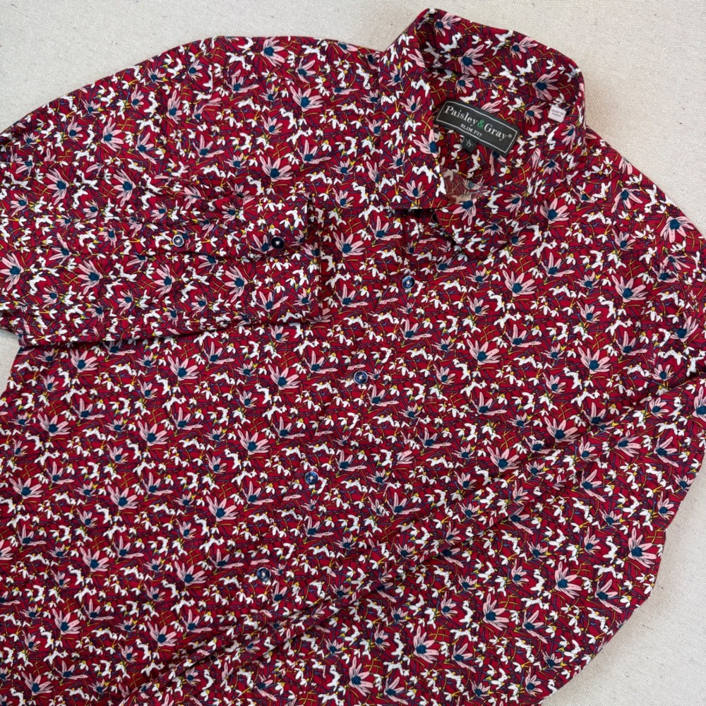 Paisley & Gray Large Button Down Mens Red Floral Slim Fit Long Sleeve Shirt